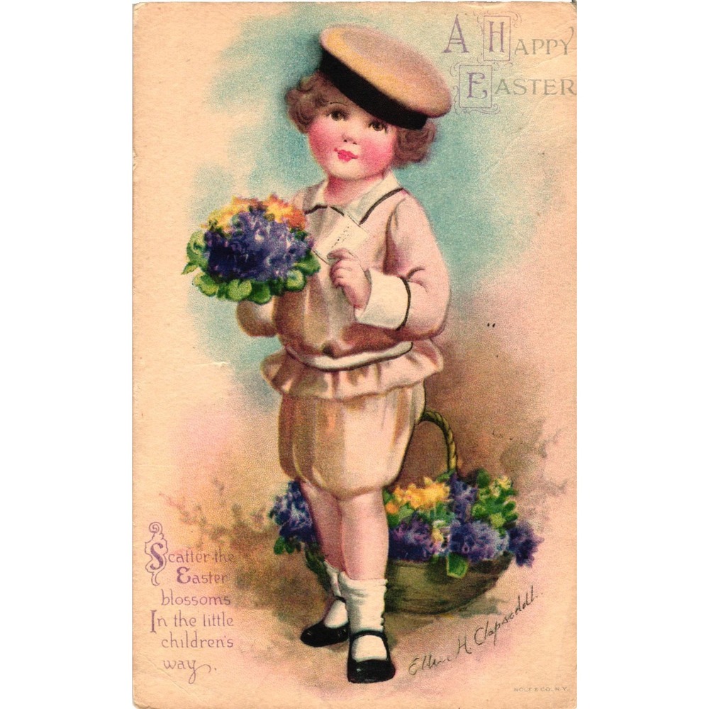 Antique Ellen Clapsaddle Easter Postcard Boy with Flowers Wolf Co 1921